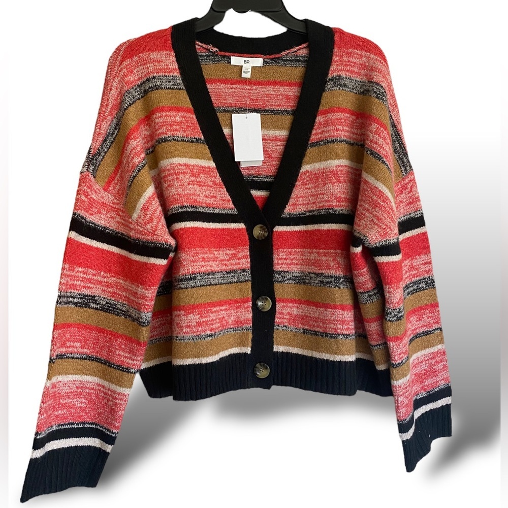 BP Black Marl Stripe Slouched Cropped Front Button Cardigan Size 1X NWT